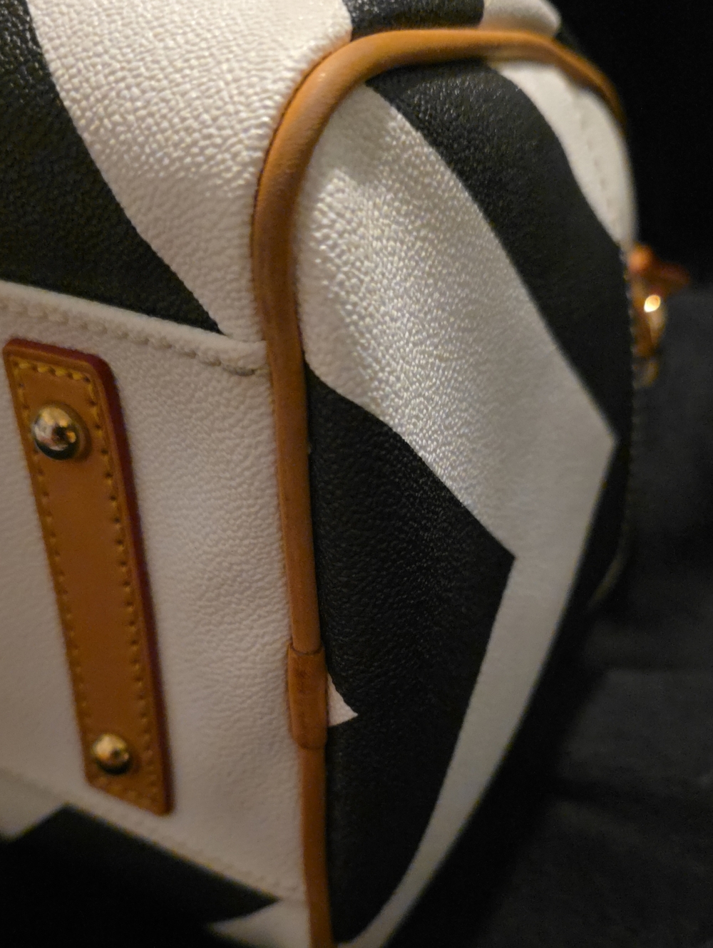 Dooney & Bourke Structured Chevron Satchel Bag - Black & White with Tan Trim - Picture 7 of 12
